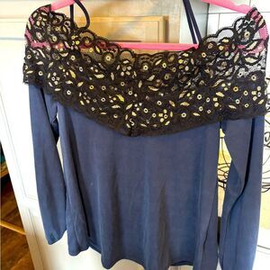 Navy Blouse with Black Lace Detail by Blue Grey, NWT